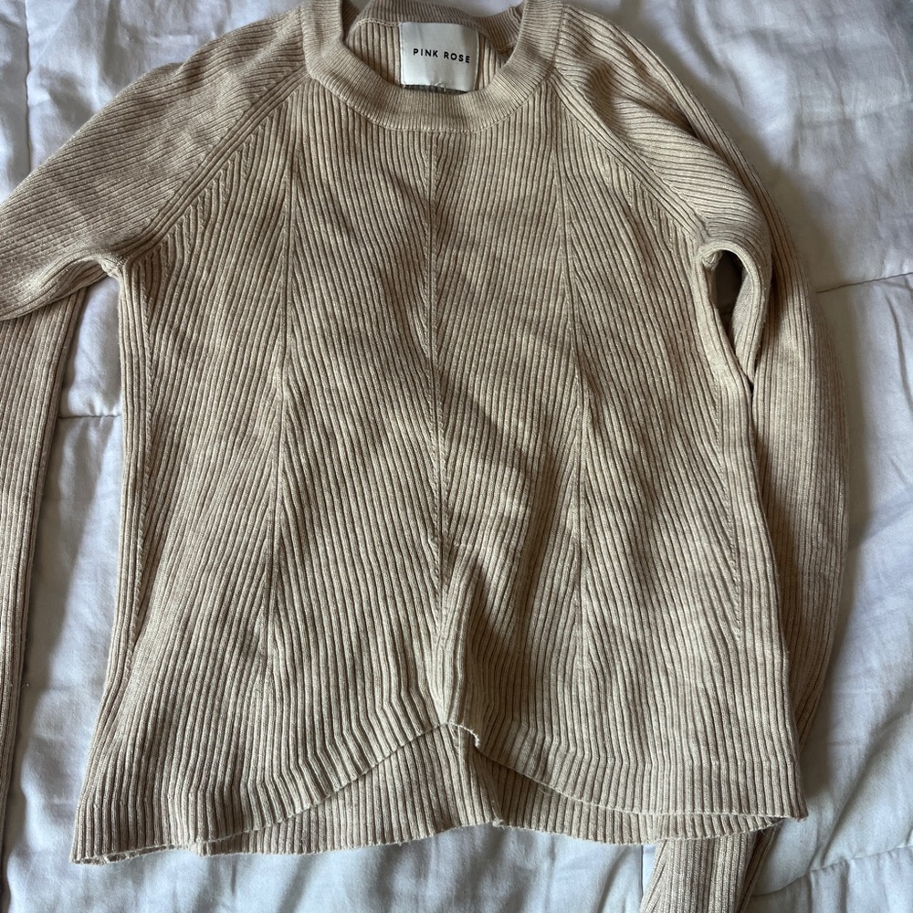 Pink Rose Ribbed Knit Sweater in Beige